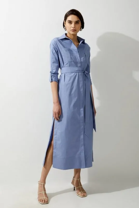 Petite Poplin Dropped Sleeve Woven Belted Shirt Dress