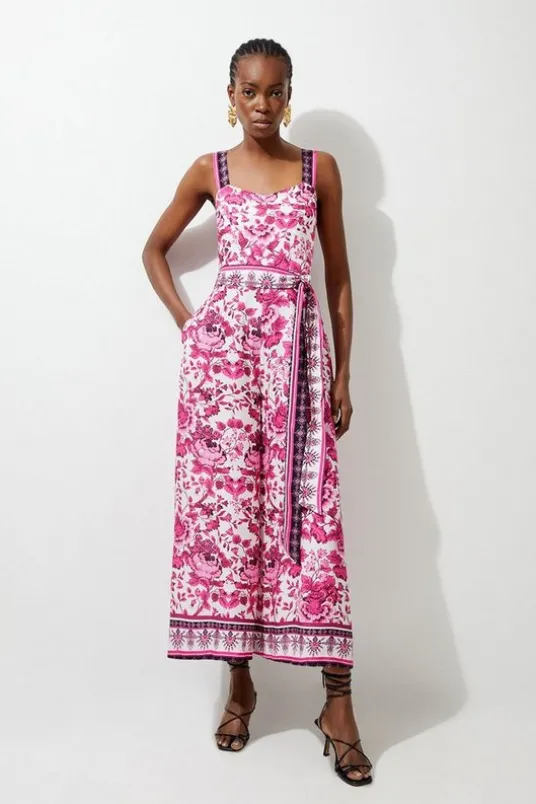 Petite Printed Viscose Woven Tie Waist Wide Leg Jumpsuit