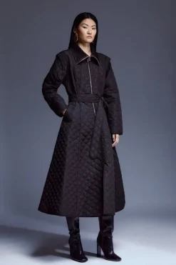 Petite Quilted Full Skirted Belted Midi Coat