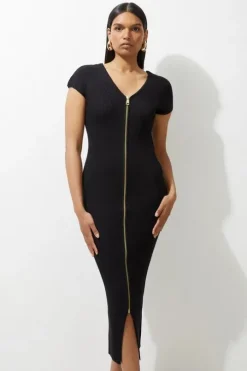 Petite Rib Knit Zip Through Midi Dress
