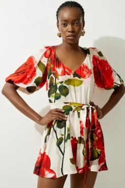 Petite Rose Printed Morocain Woven Balloon Sleeve Romper