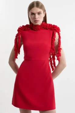 Petite Rosette And Ruffle Compact Viscose Tailored Mini Dress