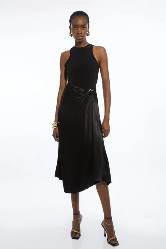 Petite Satin Back Crepe Asymmetric Waist Hardware Maxi Skirt