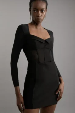 Petite Scuba Crepe And Power Mesh Corset Detail Mini Dress