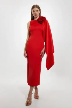 Petite Scuba Crepe Dramatic Rosette Woven Cape Midi Dress