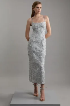 Petite Sequin Metallic Boucle Tailored Maxi Dress