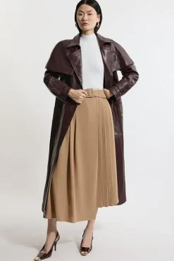 Petite Size Soft Tailored Crepe Belted Pleated Midi Skirt