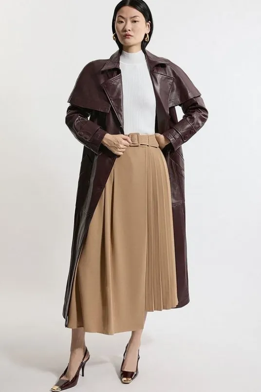 Petite Size Soft Tailored Crepe Belted Pleated Midi Skirt