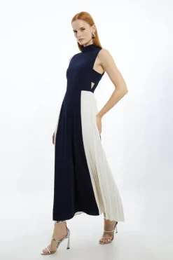 Petite Soft Tailored Color Block Pleated Panel Midaxi Dress