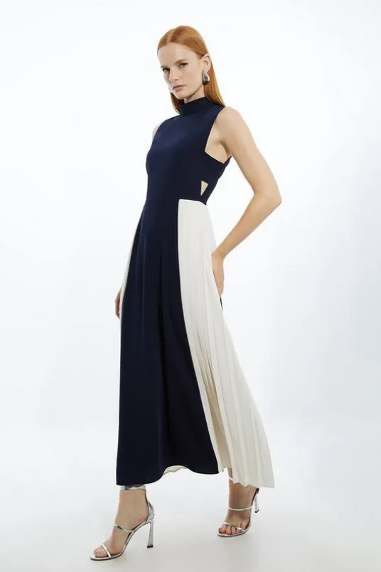Petite Soft Tailored Color Block Pleated Panel Midaxi Dress