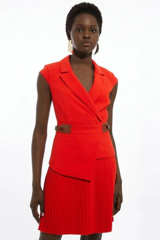 Petite Soft Tailored Crepe Tab Detail Pleated Mini Dress