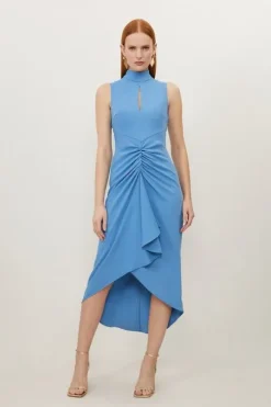 Petite Soft Tailored Ruched Front High Neck Midi Dress