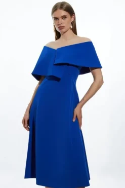 Petite Stretch Crepe Asymmetric Collar Tailored Full Skirt Midi Dress