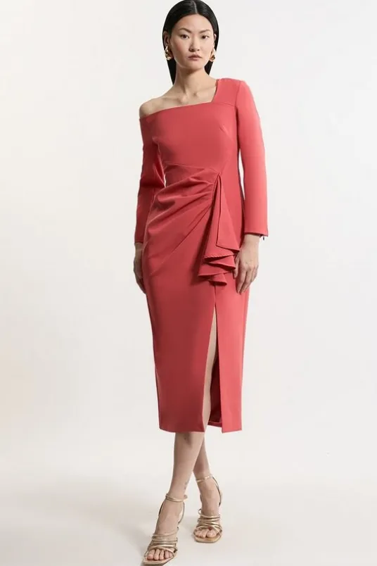 Petite Stretch Crepe Asymmetric Neckline Draped Midi Dress