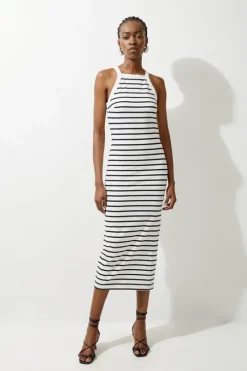 Petite Stripe Stretch Cotton Jersey Halter Midi Dress
