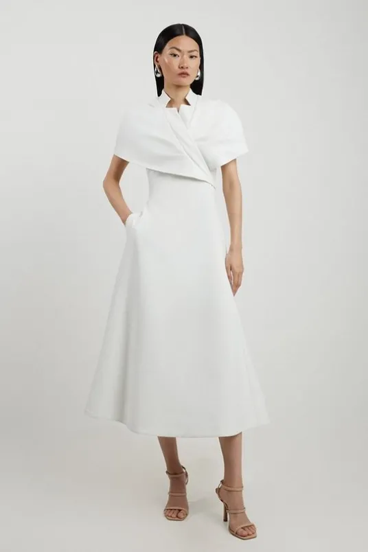 Petite Structured Crepe Cape Detail Full Skirted Tailored Midi Dress