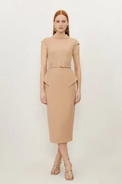 Petite Structured Crepe Turtleneck Peplum Belted Midi Dress