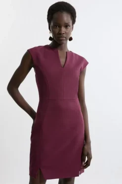 Petite Structured Crepe Tailored Full Skirted Belted Midi Dress