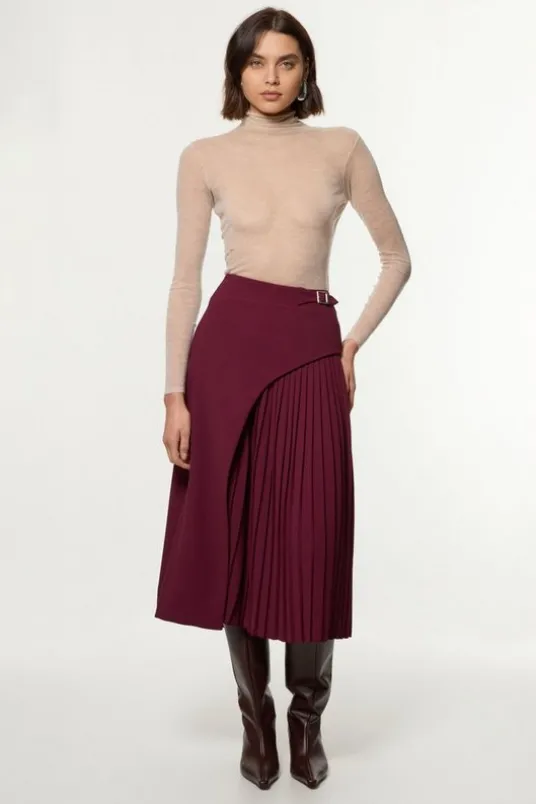 Petite Tailored Buckle Detail Pleated Midi Skirt