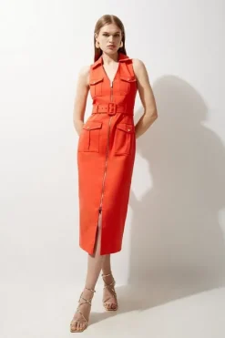 Petite Tailored Cotton Belted Cargo Pocket Midi Shirt Dress