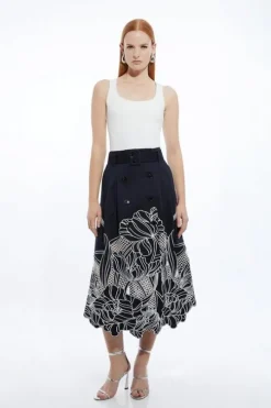 Petite Tailored Cotton Cutwork Embroidered Belted Midi Skirt