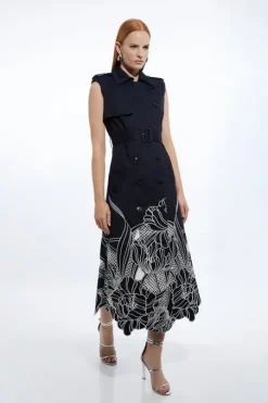 Petite Tailored Cotton Cutwork Embroidered Belted Trench Style Midaxi Dress