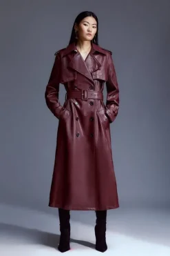 Petite Tailored Faux Leather Belted Trench Coat