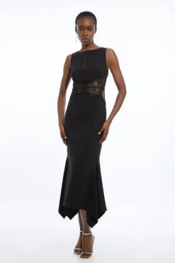 Petite Tailored Lace Waist Detail Midi Dress