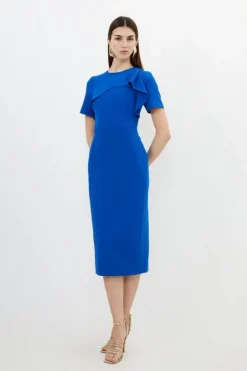 Petite Tailored Structured Crepe Ruffle Pencil Midi Dress
