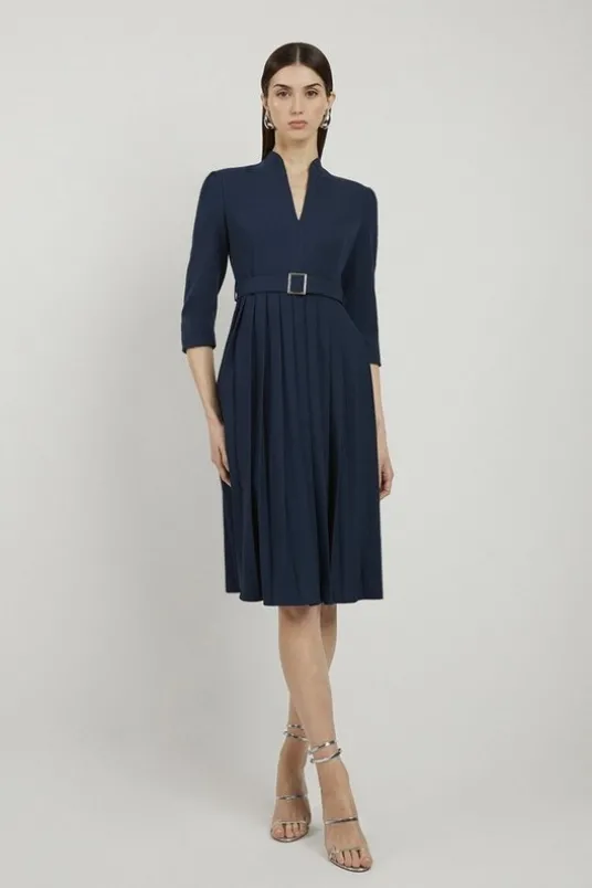 Petite Tailored Structured Crepe Pleated Midi Dress