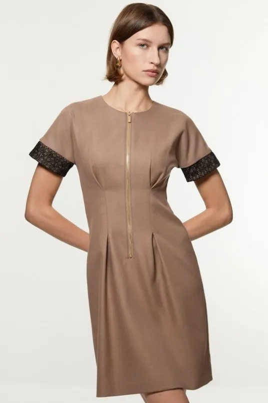 Petite Tailored Twill Lace Mix Zip Front Mini Dress