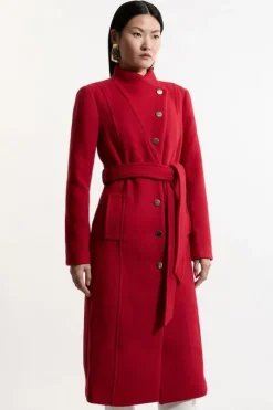 Petite Tailored Wool Blend Asymmetric Button Neck Belted Midi Coat