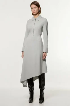 Petite Technical Crepe Tailored Metal Zip Detail High Low Midi Dress