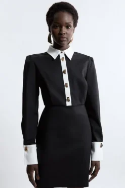 Petite Techno Cotton Woven Mini Shirt Dress With Gold Clasps