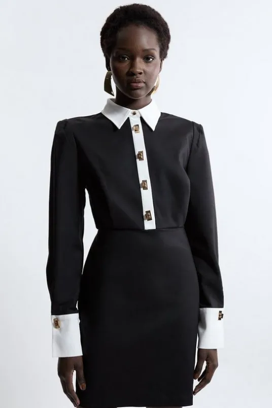 Petite Techno Cotton Woven Mini Shirt Dress With Gold Clasps