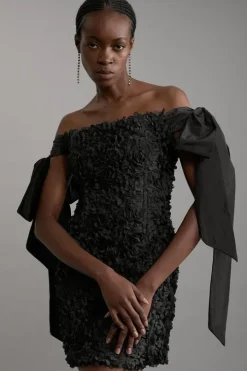 Petite Textured Rosette Bow Sleeve Mini Dress