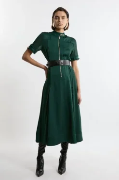 Petite Top Stitch Satin Georgette Woven Shirt Maxi Dress