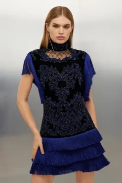 Petite Velvet Baroque Fringe Woven Mini Dress