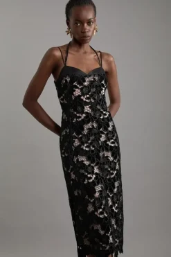 Petite Velvet Cutwork Lace Detail Strappy Midi Dress