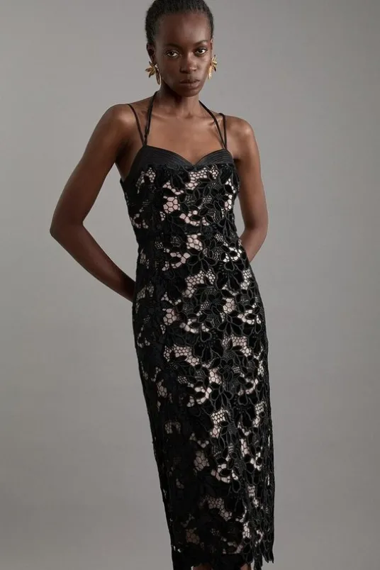 Petite Velvet Cutwork Lace Detail Strappy Midi Dress