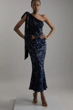 Petite Velvet Sequin One Shoulder Woven Maxi Dress
