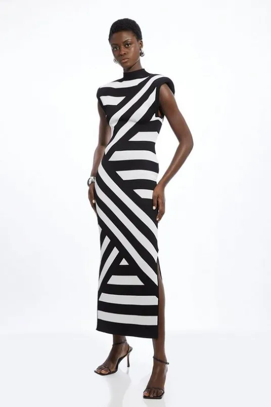 Petite Viscose Blend Jacquard Stripe Power Shoulder Knit Midaxi Dress