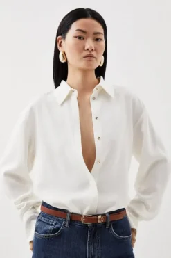 Petite Viscose Crepe Long Sleeve Collared Shirt