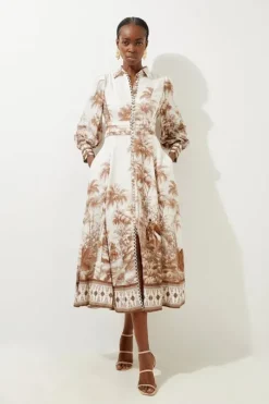 Petite Viscose Linen Scenic Placed Print Balloon Woven Shirt Dress