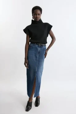 Petite Washed Denim Tailored Maxi Skirt