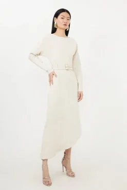 Petite Waterfall Hem Belted Ponte Jersey Maxi Dress