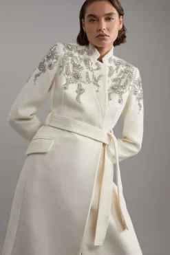 Petite Wool Blend Crystal Embellished Notch Neck Belted Coat