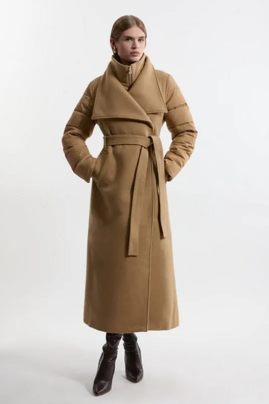 Petite Wool Blend Hybrid Puffer Belted Midi Coat