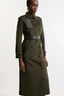 Petite Wool Blend Pu Trim Belted Tailored Coat
