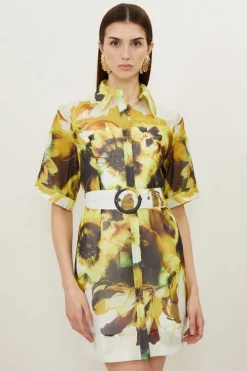 Photographic Floral Organdie Belted Mini Dress